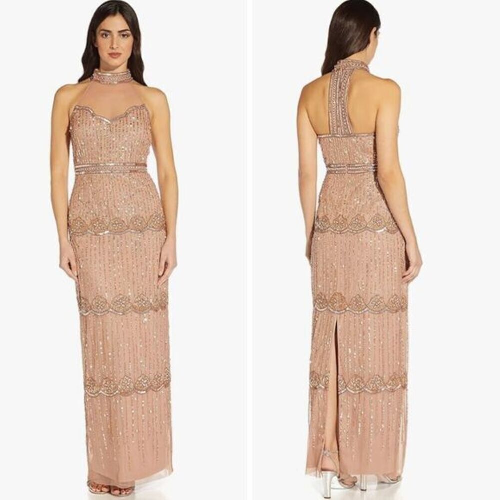 NEW Adrianna Papell Women's Beaded Halter Column Gown rose gold, 12